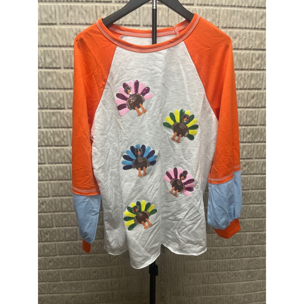 Thanksgiving Turkey Sequin Raglan Top Orange Blue White Colorblock Large